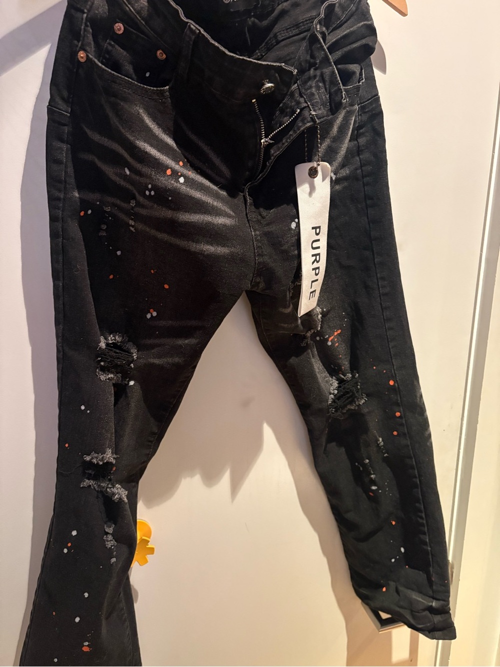 ***PURPLE Brand Black Paint Splatter Distressed Jeans Skinny Stacked Denim***